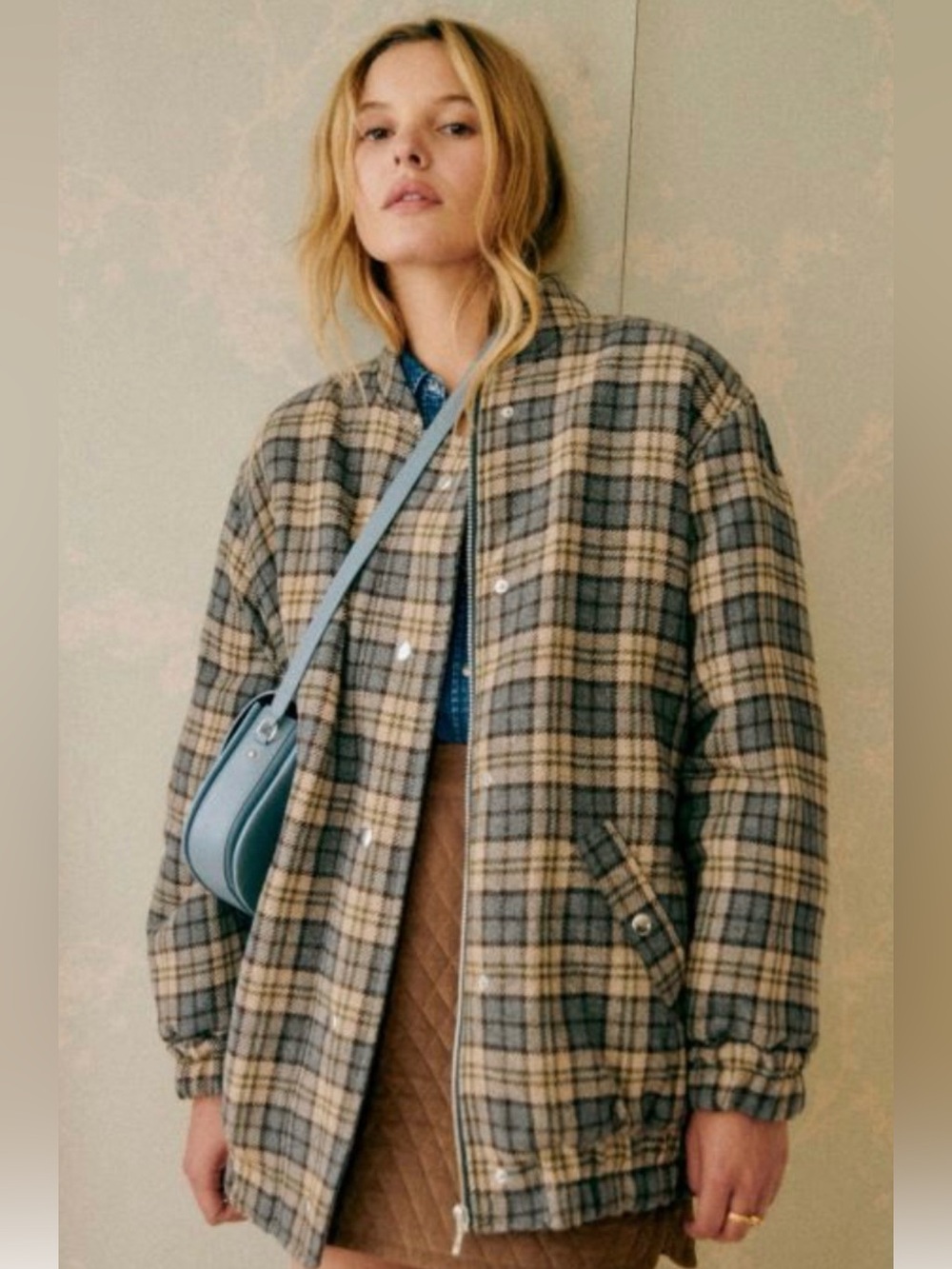 Sezane Richie Grey/Blue and Beige Plaid Coat